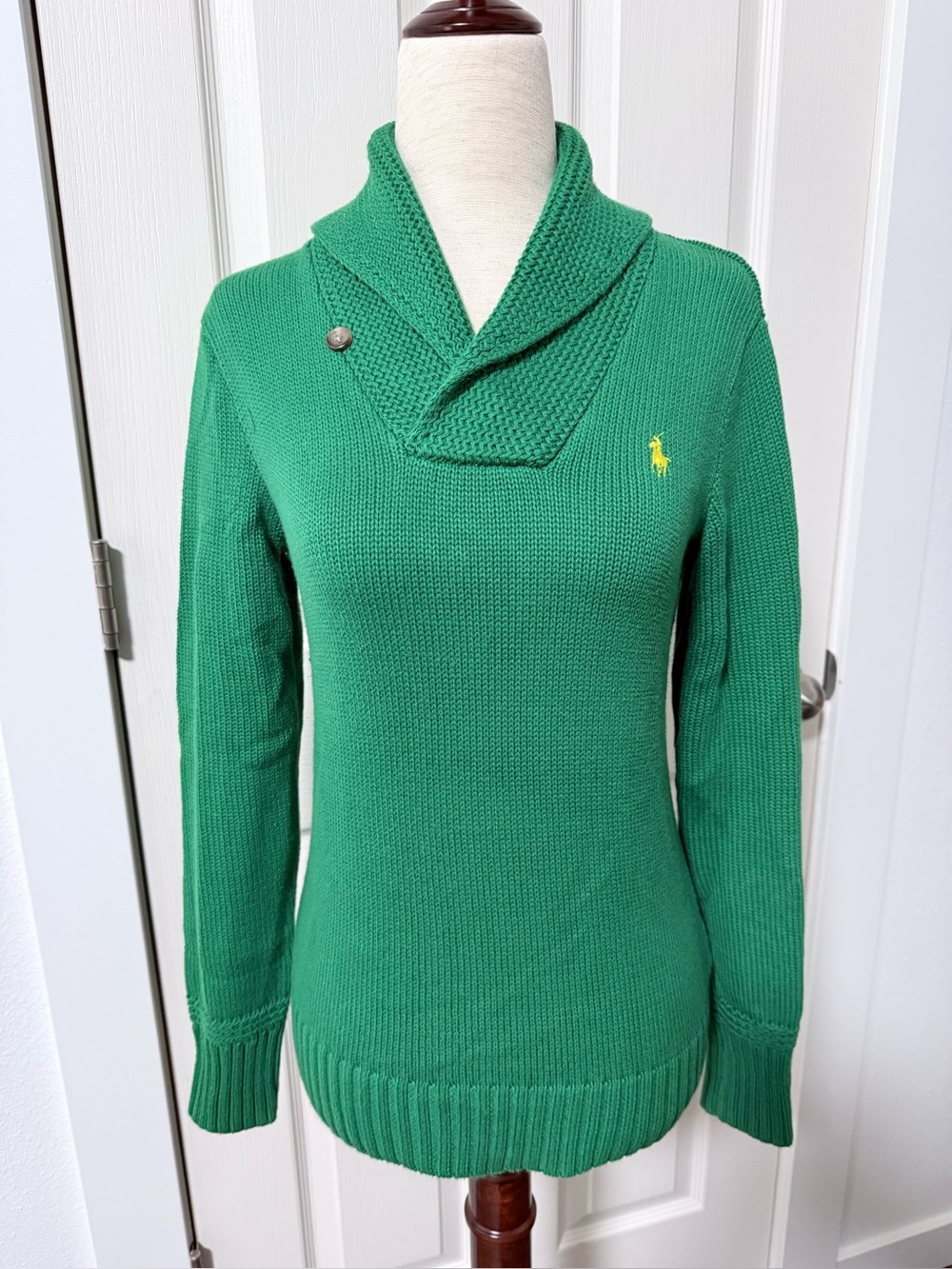Ralph Lauren Green Shawl-Collar Cotton Knit Sweater Women’s Size Small EUC